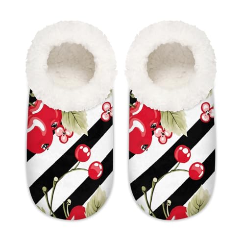 Mexpekil Red Cherry Fruit Stripes Damen-Hausschuhe, flauschige Hausschuhe, rutschfeste Schuhe für Damen, Herren, Red Cherry Fruit Stripes, XX-Large Breit von Mexpekil