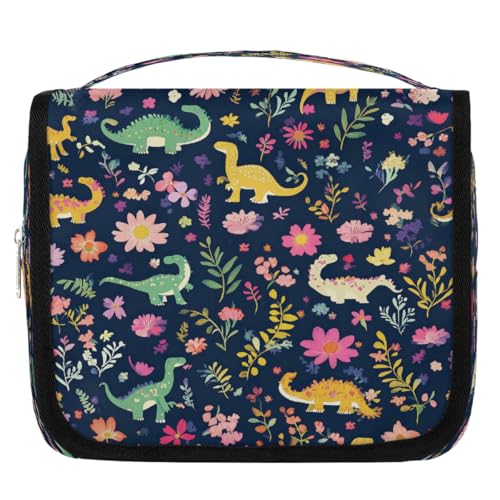Mexpekil Reise-Kulturbeutel zum Aufhängen, für Damen, bunte Dinosaurier, Blumen, großer Kulturbeutel, tragbar, Make-up, Kosmetik-Organizer, Taschen für Mädchen und Jungen von Mexpekil