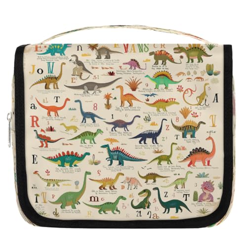 Mexpekil Reise-Kulturbeutel zum Aufhängen für Frauen, Alphabet, Dinosaurier, niedlich, groß, Kulturbeutel, tragbar, Make-up, Kosmetik-Organizer, Taschen für Mädchen und Jungen von Mexpekil