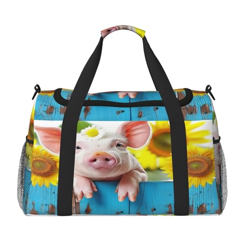 Mexpekil Reisetasche, Motiv: Sonnenblume, Bauernhof, Schwein, Handgepäcktasche für Damen und Herren, Sport, Fitnessstudio, leichte Wochenendtasche mit Schultergurt, multi, Einheitsgröße, Reisetasche von Mexpekil