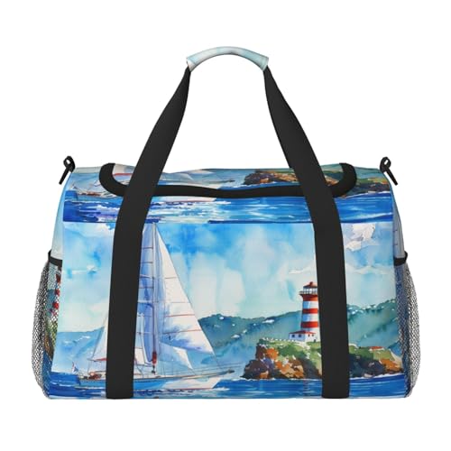 Mexpekil Reisetasche, Wasserfarben, Leuchtturm, Segelboot, Handgepäcktasche für Damen und Herren, Sporttasche, leicht, Wochenendtasche, Übernachtungstasche, mit Schultergurt, multi, Einheitsgröße von Mexpekil