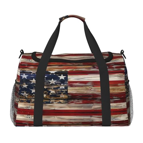 Mexpekil Reisetasche aus altem Holz, amerikanische Flagge, für Herren und Damen, Sport, Wochenende, Übernachtung, Fitnessstudio, Handgepäcktasche, mehrfarbig, 19.7x10.2x13 in, Reisetasche von Mexpekil