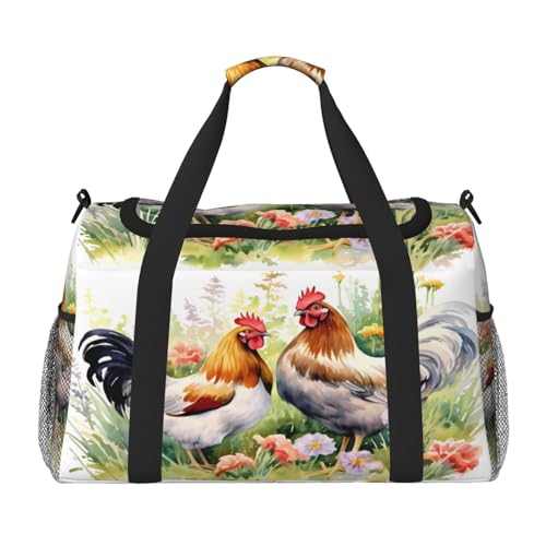 Mexpekil Reisetasche für Herren und Damen, Motiv: Hahn, Blumengras, Sport, Wochenende, Übernachtung, Fitnessstudio, Handgepäcktasche, mehrfarbig, 19.7x10.2x13 in, Reisetasche von Mexpekil