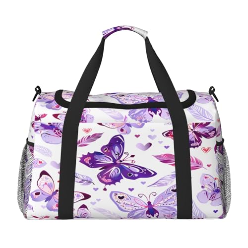 Mexpekil Reisetasche für Herren und Damen, Motiv: Schmetterlinge und Federn, für Sport, Wochenende, Übernachtung, Fitnessstudio, Handgepäcktasche, mehrfarbig, 19.7x10.2x13 in, Reisetasche von Mexpekil