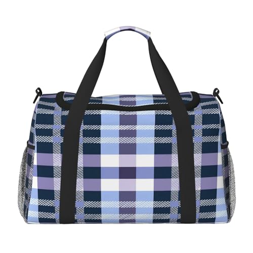 Mexpekil Reisetasche für Herren und Damen, kariert, für Sport, Wochenende, Übernachtung, Fitnessstudio, Handgepäcktasche, Blau / Lila / Weiß, mehrfarbig, 19.7x10.2x13 in, Reisetasche von Mexpekil