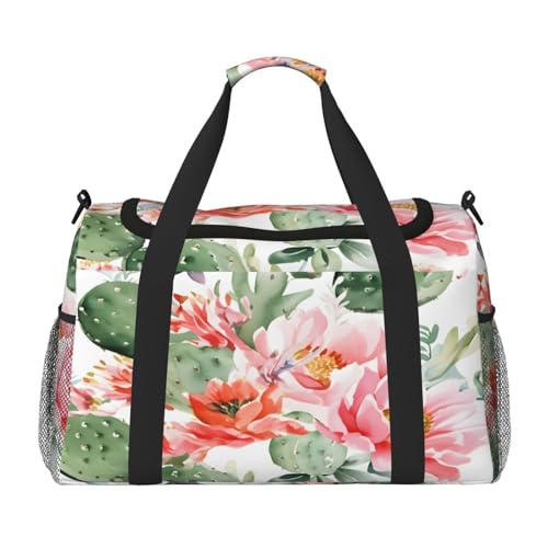 Mexpekil Reisetasche mit Aquarell-Kaktusblumen, für Herren und Damen, Sport, Wochenende, Übernachtung, Fitnessstudio, Handgepäcktasche, mehrfarbig, 19.7x10.2x13 in, Reisetasche von Mexpekil
