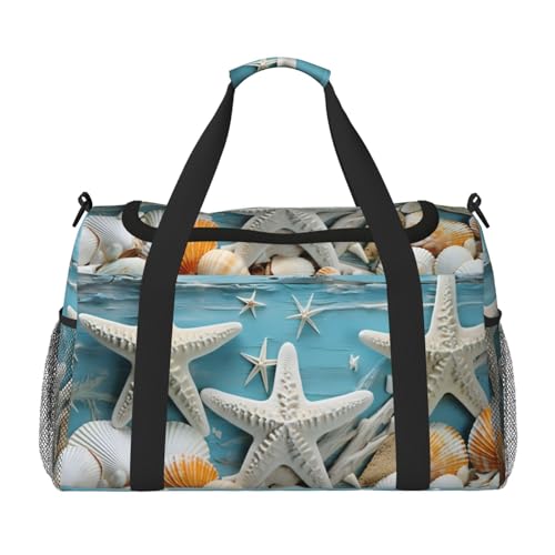 Mexpekil Reisetasche mit Holzbrett, Muscheln, Seestern, Handgepäcktasche für Damen und Herren, Sporttasche, leicht, Wochenendtasche, Übernachtungstasche, mit Schultergurt, multi, Einheitsgröße von Mexpekil