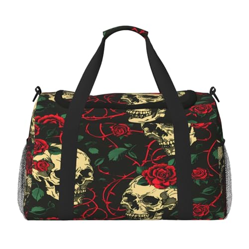 Mexpekil Reisetasche mit Retro-Rosenmuster, Totenkopf-Muster, für Herren und Damen, Sport, Wochenende, Übernachtung, Fitnessstudio, Handgepäcktasche, mehrfarbig, 19.7x10.2x13 in, Reisetasche von Mexpekil
