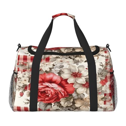 Mexpekil Reisetasche mit Rosen-Blumen, kariert, Tragetasche für Damen und Herren, Sport, Fitnessstudio, leichte Wochenendtasche mit Schultergurt, multi, Einheitsgröße, Reisetasche von Mexpekil