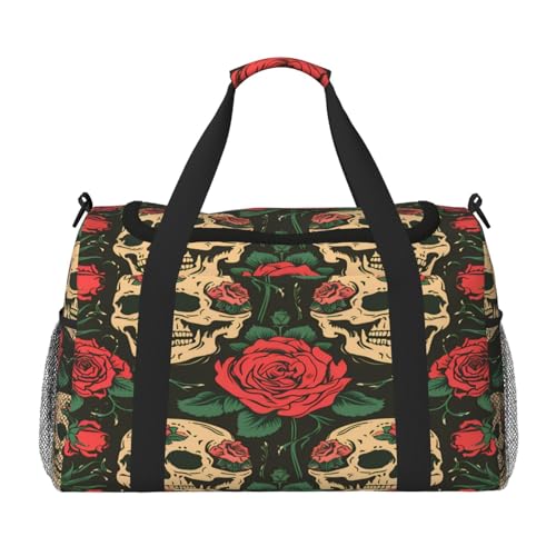 Mexpekil Reisetasche mit Rosen- und Totenkopf-Muster, für Herren und Damen, Sport, Wochenende, Übernachtung, Fitnessstudio, Handgepäcktasche, mehrfarbig, 19.7x10.2x13 in, Reisetasche von Mexpekil