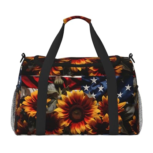 Mexpekil Reisetasche mit Sonnenblumen, Blumenmuster, USA-Flagge, Handgepäcktasche für Damen und Herren, Sporttasche, leicht, Wochenendtasche, Übernachtungstasche, mit Schultergurt, multi von Mexpekil