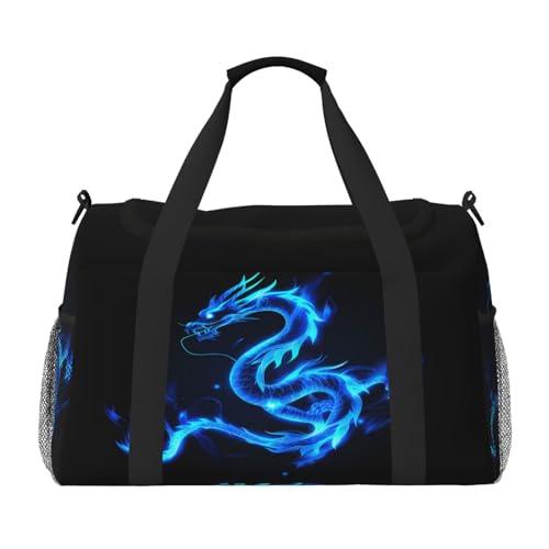 Mexpekil Reisetasche mit abstraktem blauen Feuerdrachen, für Herren und Damen, Sport, Wochenende, Übernachtung, Fitnessstudio, Handgepäcktasche, mehrfarbig, 19.7x10.2x13 in, Reisetasche von Mexpekil