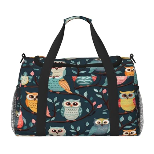 Mexpekil Reisetasche mit buntem Cartoon-Eulen-Motiv, für Herren und Damen, Sport, Wochenende, Übernachtung, Fitnessstudio, Handgepäcktasche, mehrfarbig, 19.7x10.2x13 in, Reisetasche von Mexpekil
