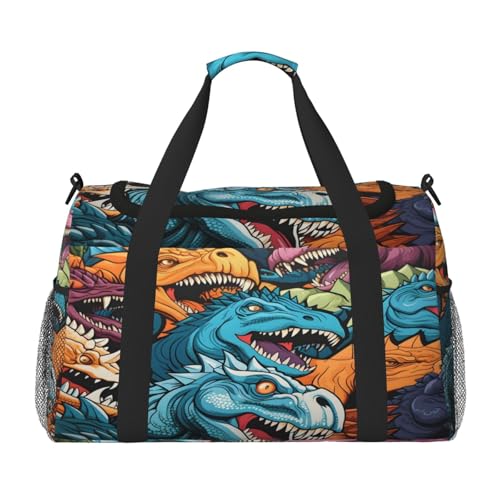 Mexpekil Reisetasche mit buntem Dinosaurier-Muster, Handgepäcktasche für Damen und Herren, Sport, Fitnessstudio, leichte Wochenendtasche mit Schultergurt, multi, Einheitsgröße, Reisetasche von Mexpekil