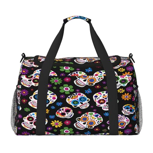 Mexpekil Reisetasche mit buntem mexikanischem Totenkopf-Design, für Herren und Damen, Sport, Wochenende, Übernachtung, Fitnessstudio, Handgepäcktasche, mehrfarbig, 19.7x10.2x13 in, Reisetasche von Mexpekil
