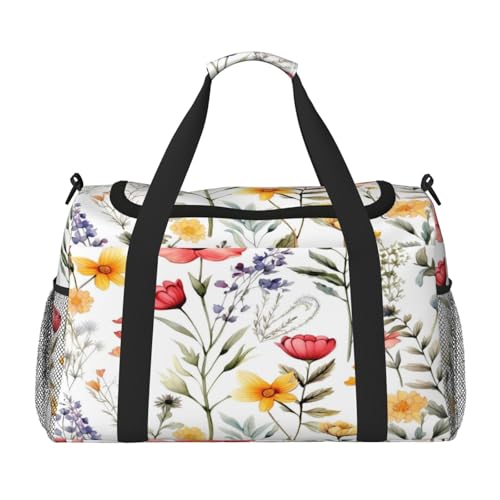 Mexpekil Reisetasche mit bunten Wildblumenblättern, für Herren und Damen, Sport, Wochenende, Übernachtung, Fitnessstudio, Handgepäcktasche, mehrfarbig, 19.7x10.2x13 in, Reisetasche von Mexpekil