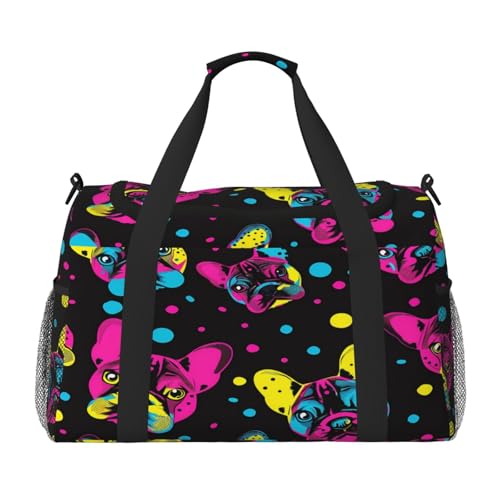 Mexpekil Reisetasche mit bunten französischen Bulldoggen, gepunktet, für Herren und Damen, Sport, Wochenende, Übernachtung, Fitnessstudio, Handgepäcktasche, mehrfarbig, 19.7x10.2x13 in, Reisetasche von Mexpekil