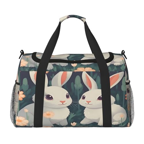 Mexpekil Reisetasche mit niedlichem Kaninchen, Blumen, Handgepäcktasche für Damen und Herren, Sport, Fitnessstudio, leichte Wochenendtasche mit Schultergurt, multi, Einheitsgröße, Reisetasche von Mexpekil