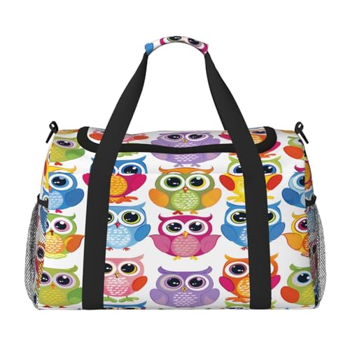 Mexpekil Reisetasche mit niedlichem buntem Eulen-Motiv, für Herren und Damen, Sport, Wochenende, Übernachtung, Fitnessstudio, Handgepäcktasche, mehrfarbig, 19.7x10.2x13 in, Reisetasche von Mexpekil