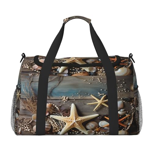 Mexpekil Reisetasche mit rustikalem Holzbrett, Seestern, Handgepäcktasche für Damen und Herren, Sporttasche, leicht, Wochenendtasche, Übernachtungstasche, mit Schultergurt, multi, Einheitsgröße von Mexpekil