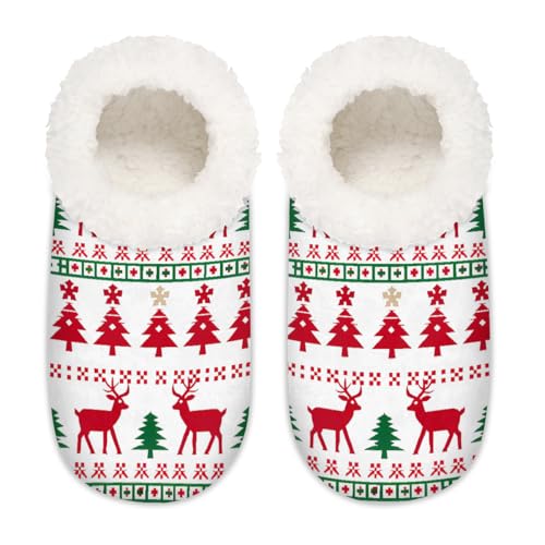 Mexpekil Rentier Weihnachtsbaum Schneeflocken Damen Hausschuhe Fuzzy House Slipper rutschfeste Schuhe für Damen Herren Damen, Rentier Weihnachtsbaum Schneeflocken, Large X-Large von Mexpekil