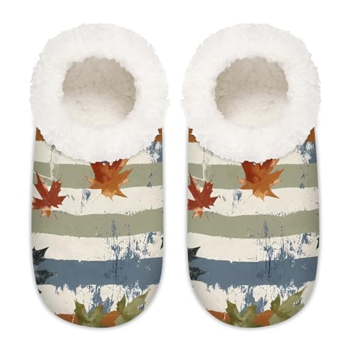 Mexpekil Retro-Hausschuhe mit Ahornblatt-Streifen für Damen, flauschige Hausschuhe, rutschfeste Schuhe für Damen, Herren, Retro Maple Leaf Stripes, Medium Breit von Mexpekil