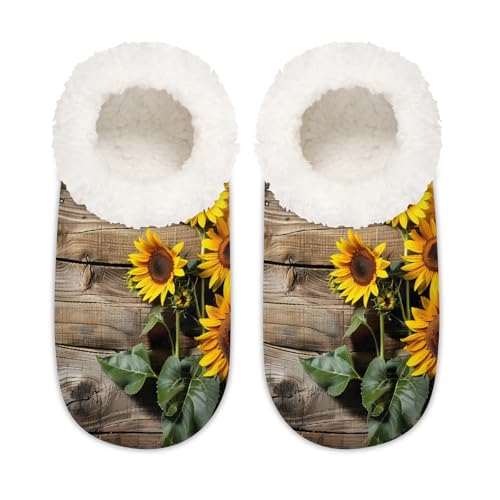 Mexpekil Retro-Holz-Slipper mit Sonnenblumen-Motiv, flauschig, rutschfest, für Damen und Herren, Retro-Sonnenblume aus Holz, Large X-Large von Mexpekil