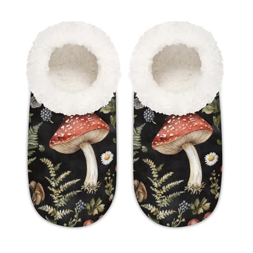 Mexpekil Retro Pilz Libelle Gänseblümchen Damen Hausschuhe Fuzzy House Slipper rutschfeste Schuhe für Damen Herren Damen, Retro Pilz Libelle Gänseblümchen, Medium Breit von Mexpekil