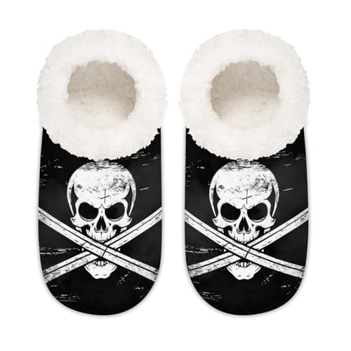 Mexpekil Retro Piratenschädel Damen Hausschuhe Fuzzy House Slipper rutschfeste Schuhe für Damen Herren Damen, Piratenschädel im Retro-Stil, Large X-Large von Mexpekil