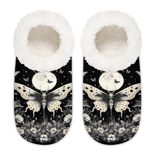 Mexpekil Retro Schmetterling Mond Blume Damen Hausschuhe Fuzzy House Slipper rutschfeste Schuhe für Damen Herren Damen, Retro Schmetterling Mond Blume, Large X-Large von Mexpekil