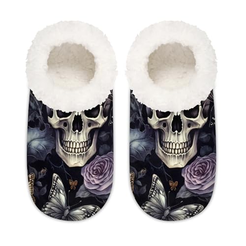 Mexpekil Retro Totenkopf Rose Schmetterling Damen Hausschuhe Fuzzy House Slipper rutschfeste Schuhe für Damen Herren Damen, Retro Totenkopf Rose Schmetterling, Medium Breit von Mexpekil