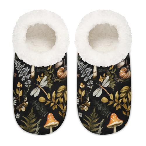 Mexpekil Retro-Wald Pilz Libelle Schnecken Damen Hausschuhe Fuzzy House Slipper rutschfeste Schuhe für Damen Herren Damen, Retro Waldpilz Libellenschnecken, XX-Large Breit von Mexpekil
