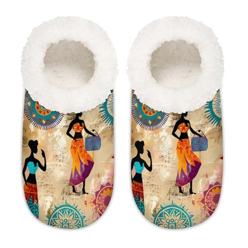 Mexpekil Retro afrikanische Frauen Mandala Damen Hausschuhe Fuzzy House Slipper rutschfeste Schuhe für Damen Herren Damen, Retro afrikanisches Damen-Mandala, Medium Breit von Mexpekil