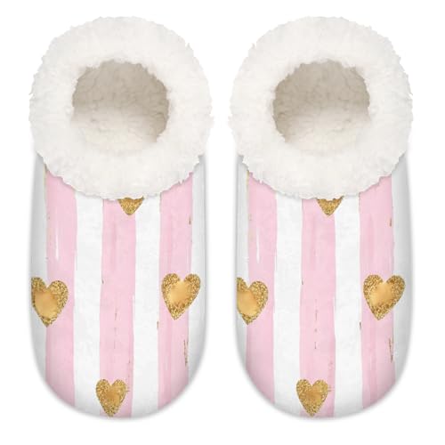 Mexpekil Rosa Streifen Golden Love Heart Damen Hausschuhe Fuzzy House Slipper rutschfeste Schuhe für Damen Herren Damen, Rosa Streifen Golden Love Herz, Large X-Large von Mexpekil