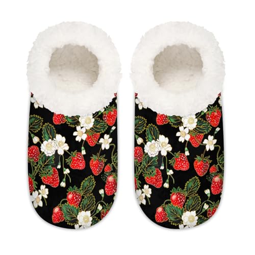 Mexpekil Rote Erdbeer-weiße Blumen-Damen-Hausschuhe, flauschige Hausschuhe, rutschfeste Schuhe für Damen, Herren, Rote Erdbeere, weiße Blume, Medium Breit von Mexpekil