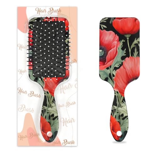 Mexpekil Rote Mohnblumen-Haarbürste, zum Entwirren, für nasse und trockene Haare, Massage-Luftkissen-Kamm für Mädchen, Damen, Herren von Mexpekil