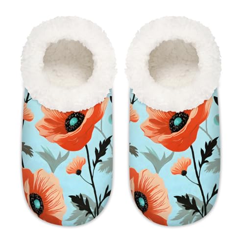 Mexpekil Rote Mohnblumen-Hausschuhe für Damen, flauschige Hausschuhe, rutschfeste Schuhe für Damen, Herren, Rote Mohnblume, XX-Large Breit von Mexpekil