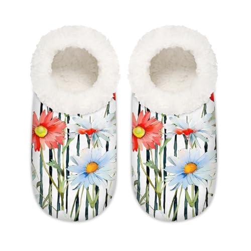 Mexpekil Rote Poppy Daisy Stripes Damen-Hausschuhe, flauschige Hausschuhe, rutschfeste Schuhe für Damen und Herren, Red Poppy Daisy Stripes, XX-Large Breit von Mexpekil