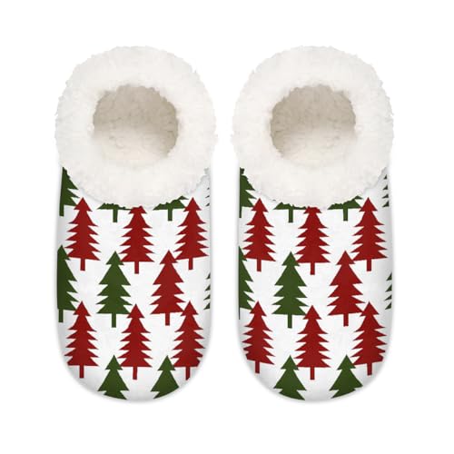 Mexpekil Rote grüne Weihnachtsbaum-Hausschuhe für Damen, flauschige Hausschuhe, rutschfeste Schuhe für Damen und Herren, Rot-grüner Weihnachtsbaum, Medium Breit von Mexpekil