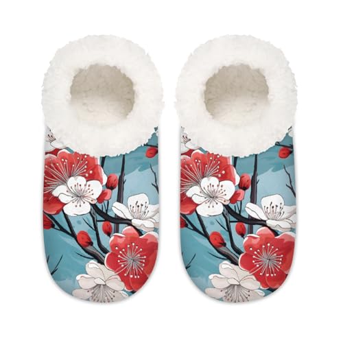 Mexpekil Rote weiße Kirschblüten-Hausschuhe für Damen, flauschige Hausschuhe, rutschfeste Schuhe für Damen, Herren, Rot-weiße Kirschblüte, Medium Breit von Mexpekil