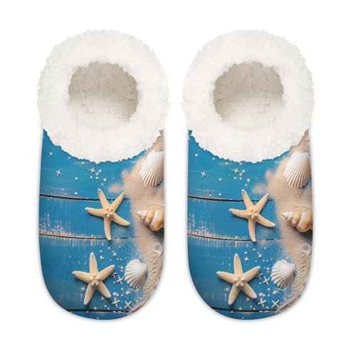 Mexpekil Sand Seestern Muscheln Holztextur Damen Hausschuhe Fuzzy House Slipper rutschfeste Schuhe für Damen Herren Damen, Sand, Seestern, Muschel, Holzstruktur, Medium Breit von Mexpekil