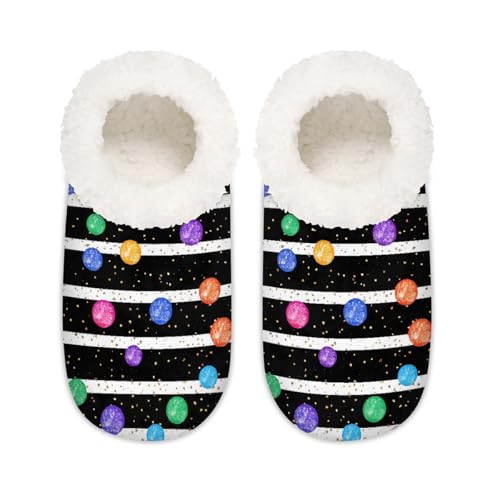 Mexpekil Schwarz-weiße Streifen Colorfl Polka Dots Damen-Hausschuhe, flauschige Hausschuhe, rutschfeste Schuhe für Damen und Herren, Schwarz-weiße Streifen, bunte Punkte, Medium Breit von Mexpekil