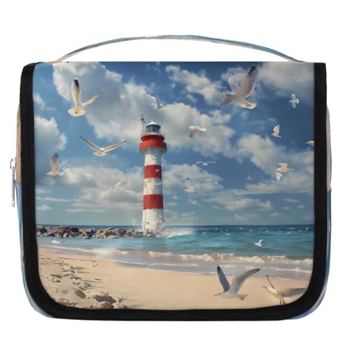 Mexpekil Sea Beach Leuchtturm Möwe Kulturbeutel für Damen Herren Damen, wasserdichte hängende Reise-Kulturbeutel mit Haken, Kosmetik-Make-up-Tasche Organizer von Mexpekil