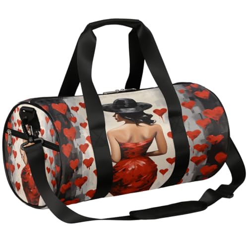 Mexpekil Seesack mit Schuhfach, wasserdicht, schönes Damen-Kleid mit rotem Kleid, Aquarell, rotes Herz, Reiserucksack für Fitness, Fitnessstudio, Wochenendausflüge, Schönes Damenkleid mit rotem von Mexpekil