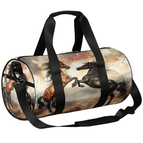 Mexpekil Seesack mit Schuhfach, wasserdicht, zwei Kampfpferde, Kunstdruck, Reiserucksack für Fitness, Fitnessstudio, Wochenendausflüge, Kunstdruck mit zwei Kampfpferden von Mexpekil