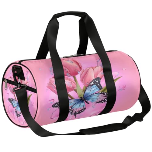 Mexpekil Seesack mit Schuhfach, wasserdichter blauer Schmetterling auf rosa Tulpen, Kunstdruck, Reiserucksack für Fitness, Fitnessstudio, Wochenendausflüge, Blauer Schmetterling auf rosa Tulpen von Mexpekil