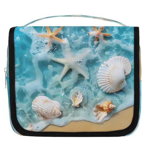 Mexpekil Sommer Strand Seestern Muschel Kulturbeutel für Damen Herren Damen, wasserdichte hängende Reise-Kulturbeutel mit Haken, Kosmetik-Make-up-Tasche Organizer von Mexpekil