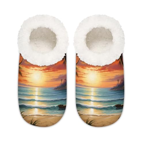 Mexpekil Strand-Slipper mit tropischer Palme für Damen, flauschige Hausschuhe, rutschfeste Schuhe für Damen, Herren, Strand Sonnenuntergang Tropische Palme, XX-Large Breit von Mexpekil
