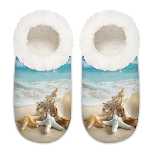 Mexpekil Strand-Szene Sand Seestern Damen Hausschuhe Fuzzy House Slipper rutschfeste Schuhe für Damen Herren Damen, Strandszene Sand Seestern, Large X-Large von Mexpekil