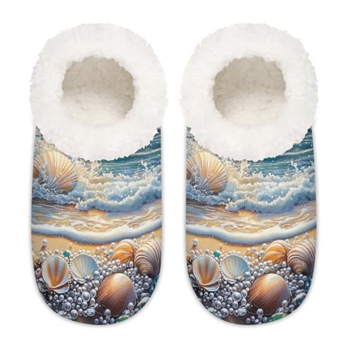 Mexpekil Strand-Szene Seestern Muschel Damen Hausschuhe Fuzzy House Slipper rutschfeste Schuhe für Damen Herren Damen, Strandszene Seestern Muschel, Large X-Large von Mexpekil